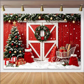 Lofaris Toile de fond de Noël grange rouge enneigée avec sapin et cadeaux, magnifique arrière-plan de fête pour photographie