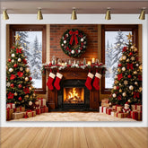 Lofaris Toile de fond de Noël cheminée et sapins enneigés avec guirlandes lumineuses, décor festif pour studio photo et fête de famille