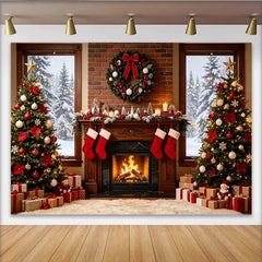 Lofaris Toile de fond de Noël cheminée et sapins enneigés avec guirlandes lumineuses, décor festif pour studio photo et fête de famille