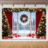 Lofaris Toile de fond de Noël avec sapins décorés et fenêtre enneigée, magnifique décor hivernal pour photographie de fête