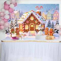 Lofaris Toile de fond de Noël maison en pain d'épices et bonshommes, décor de village d'hiver enneigé avec bonbons et arbres