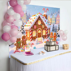 Lofaris Toile de fond de Noël maison en pain d'épices et bonshommes, décor de village d'hiver enneigé avec bonbons et arbres