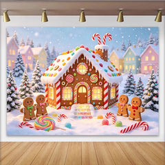 Lofaris Toile de fond de Noël maison en pain d'épices et bonshommes, décor de village d'hiver enneigé avec bonbons et arbres