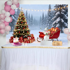 Lofaris Toile de fond de Noël avec sapin illuminé, cadeaux et traîneau rouge, enneigé pour studio photo hivernal et fête de fin d'année
