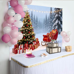 Lofaris Toile de fond de Noël avec sapin illuminé, cadeaux et traîneau rouge, enneigé pour studio photo hivernal et fête de fin d'année
