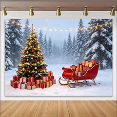Lofaris Toile de fond de Noël avec sapin illuminé, cadeaux et traîneau rouge, enneigé pour studio photo hivernal et fête de fin d'année