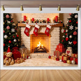 Lofaris Toile de fond de Noël avec cheminée, sapins et cadeaux, magnifique arrière-plan festif pour studio photo et fête d'hiver