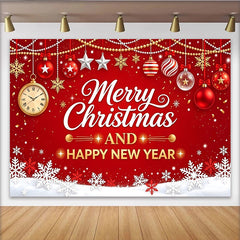Lofaris Toile de fond de Noël et du Nouvel An rouge avec ornements dorés et flocons, arrière-plan festif pour célébrations de fin d'année