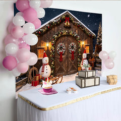 Lofaris Toile de fond de Noël rustique avec bonhommes de neige et guirlandes, magnifique décor d'hiver enneigé pour studio photo