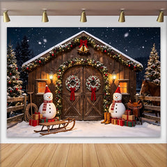 Lofaris Toile de fond de Noël rustique avec bonhommes de neige et guirlandes, magnifique décor d'hiver enneigé pour studio photo