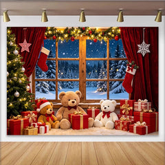 Lofaris Toile de fond de Noël avec sapin, cadeaux et ours en peluche, décor de fenêtre enneigée pour photographie d'hiver