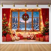 Lofaris Toile de fond de Noël avec fenêtre enneigée et sapins illuminés, décor festif d'hiver pour studio photo et ambiance chaleureuse