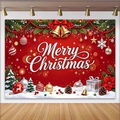 Lofaris Toile de fond de Noël rouge avec Joyeux Noël, clochettes et branches de pin, magnifique décor de fête hivernale pour studio photo