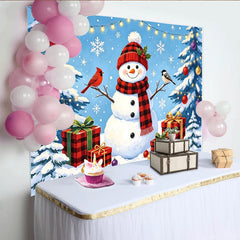 Lofaris Toile de fond de Noël bonhomme de neige sapins et cadeaux sous la neige, arrière-plan hivernal festif pour photographie de vacances