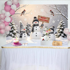 Lofaris Toile de fond de Noël joyeux avec bonhommes de neige et sapins enneigés, décor d'hiver féerique pour photographie