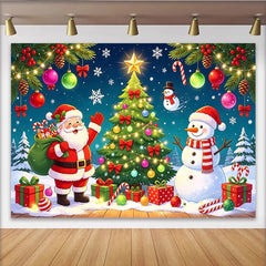 Lofaris Toile de fond de Noël avec Père Noël, bonhomme de neige et sapin illuminé, décor festif pour studio photo et célébrations d'hiver