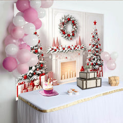 Lofaris Toile de fond de Noël enneigée avec sapins et décorations rouges, élégant décor de fête pour studio photo d'hiver