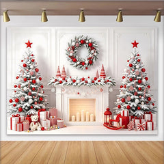Lofaris Toile de fond de Noël enneigée avec sapins et décorations rouges, élégant décor de fête pour studio photo d'hiver