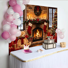 Lofaris Toile de fond de Noël avec cheminée, sapins illuminés et cadeaux, magnifique arrière-plan chaleureux pour fête de famille
