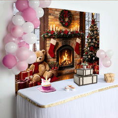 Lofaris Toile de fond de Noël cheminée festive avec sapin et cadeaux, magnifique décor d'hiver pour photos de famille