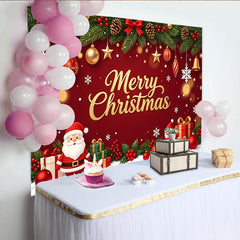 Lofaris Toile de fond de Noël rouge et or avec Père Noël, bonhomme de neige et cadeaux, magnifique décor de fête pour célébration