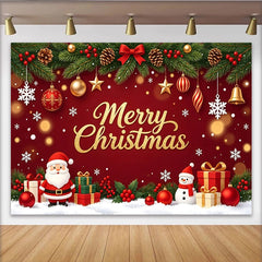 Lofaris Toile de fond de Noël rouge et or avec Père Noël, bonhomme de neige et cadeaux, magnifique décor de fête pour célébration
