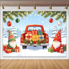 Lofaris Toile de fond de Noël avec camion rouge, gnomes et cadeaux, magnifique arrière-plan hivernal sous la neige pour studio photo et fête