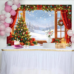 Lofaris Toile de fond de Noël hivernal avec sapin et cadeaux, magnifique arrière-plan de scène enneigée pour photographie de fête