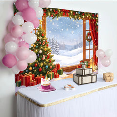 Lofaris Toile de fond de Noël hivernal avec sapin et cadeaux, magnifique arrière-plan de scène enneigée pour photographie de fête