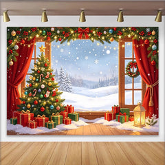 Lofaris Toile de fond de Noël hivernal avec sapin et cadeaux, magnifique arrière-plan de scène enneigée pour photographie de fête
