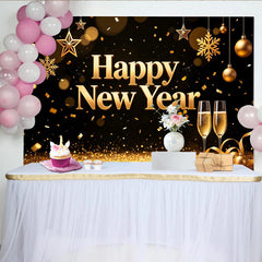 Lofaris Toile de fond dorée Nouvel An avec paillettes et coupes de champagne, magnifique arrière-plan festif pour célébration et photographie
