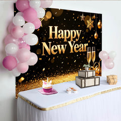 Lofaris Toile de fond dorée Nouvel An avec paillettes et coupes de champagne, magnifique arrière-plan festif pour célébration et photographie