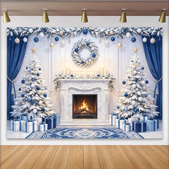Lofaris Toile de fond de Noël élégante avec sapins enneigés et cheminée, magnifique décor hivernal bleu et blanc pour studio photo