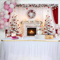 Lofaris Toile de fond de Noël élégante avec arbres blancs enneigés et cheminée, magnifique arrière-plan festif pour studio photo