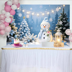 Lofaris Toile de fond de Noël bonhomme de neige et sapins enneigés bleus, magnifique arrière-plan d'hiver pour studio photo et fête