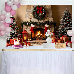 Lofaris Toile de fond de Noël cheminée sapins et cadeaux, magnifique décor festif pour photographie de famille