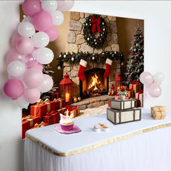 Lofaris Toile de fond de Noël cheminée sapins et cadeaux, magnifique décor festif pour photographie de famille