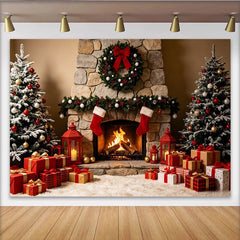 Lofaris Toile de fond de Noël cheminée sapins et cadeaux, magnifique décor festif pour photographie de famille