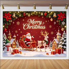 Lofaris Toile de fond de Noël joyeux avec Père Noël, renne et bonhomme de neige, arrière-plan hivernal avec maisons enneigées et cadeaux