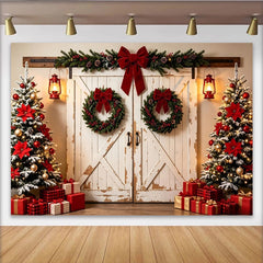 Lofaris Toile de fond de Noël rustique avec sapins et couronnes, arrière-plan festif pour studio photo et cadeaux