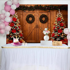 Lofaris Toile de fond de Noël avec sapins enneigés et poinsettias rouges, décor rustique pour studio photo et fêtes de fin d'année