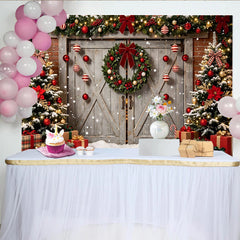 Lofaris Toile de fond de Noël enneigée avec sapins et porte en bois, décor festif d'hiver avec couronne et cadeaux