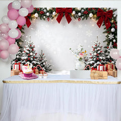 Lofaris Toile de fond de Noël avec guirlande, sapins enneigés et cadeaux, magnifique arrière-plan pour studio photo et fête de famille