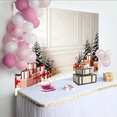 Lofaris Toile de fond de Noël enneigée avec sapins et cadeaux rouges, décor d'hiver pour studio photo et fête