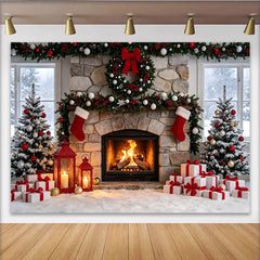 Lofaris Toile de fond de Noël cheminée en pierre avec sapins enneigés et cadeaux, décor festif chaleureux pour séances photo et célébrations