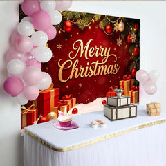 Lofaris Toile de fond de Noël rouge et or avec Joyeux Noël et cadeaux, magnifique décor festif pour studio photo