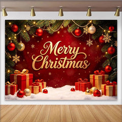 Lofaris Toile de fond de Noël rouge et or avec Joyeux Noël et cadeaux, magnifique décor festif pour studio photo