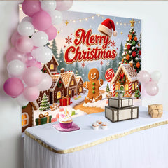Lofaris Toile de fond de Noël joyeuse avec maisons en pain d'épices, décor de sapin enneigé et lumières festives pour ambiance hivernale