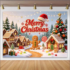 Lofaris Toile de fond de Noël joyeuse avec maisons en pain d'épices, décor de sapin enneigé et lumières festives pour ambiance hivernale