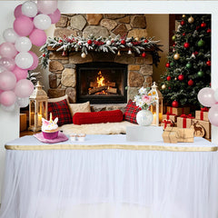 Lofaris Toile de fond de Noël cheminée en pierre avec sapin enneigé et cadeaux, magnifique décor d'hiver chaleureux pour studio photo